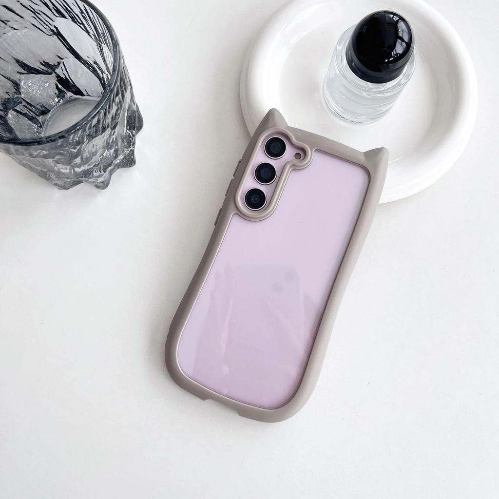 S25Plus Cute 3D Cat Transparent Case For Samsung Galaxy S25 S23 S24 Plus S25 Cartoon Ear Bumper Shockproof Hard Back Cover