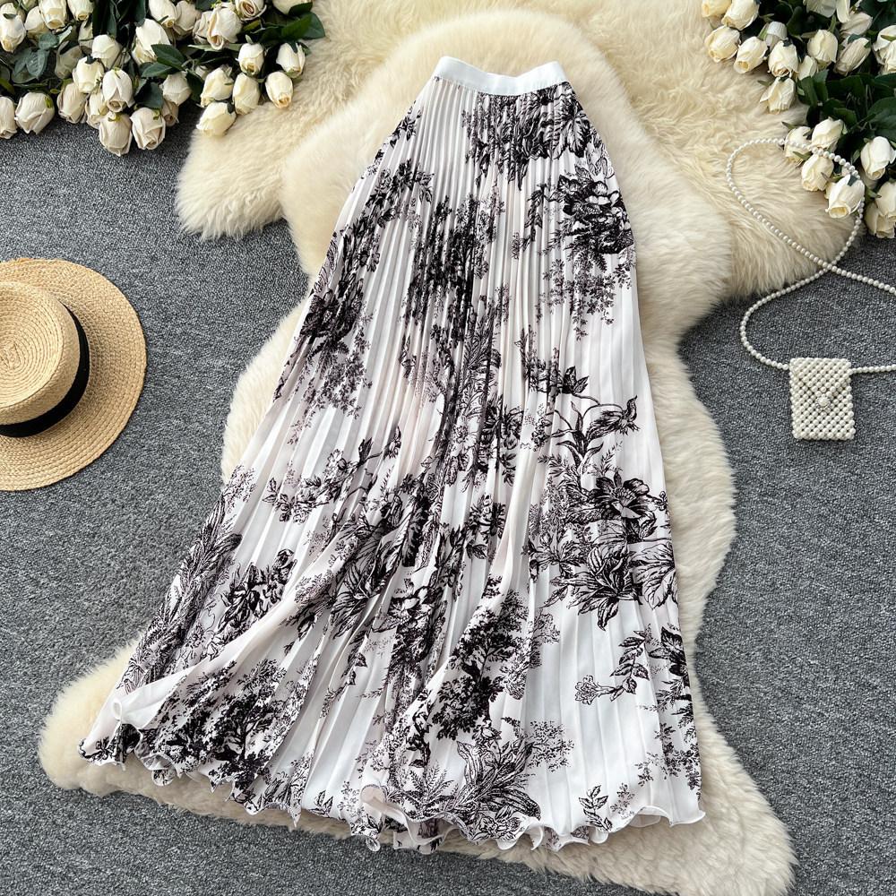 Qooth Ink Painting Print Mermaid Skirt Pleated Floral Maxi Skirt for Women QT2894 One Size чёрный