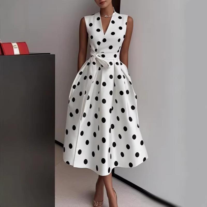 Women Sleeveless V Neck Polka Dot Midi Dress Belted Waist A-Line Swing Vintage Hepburn Elegant Evening Cocktail Party Formal Work Office Dress S