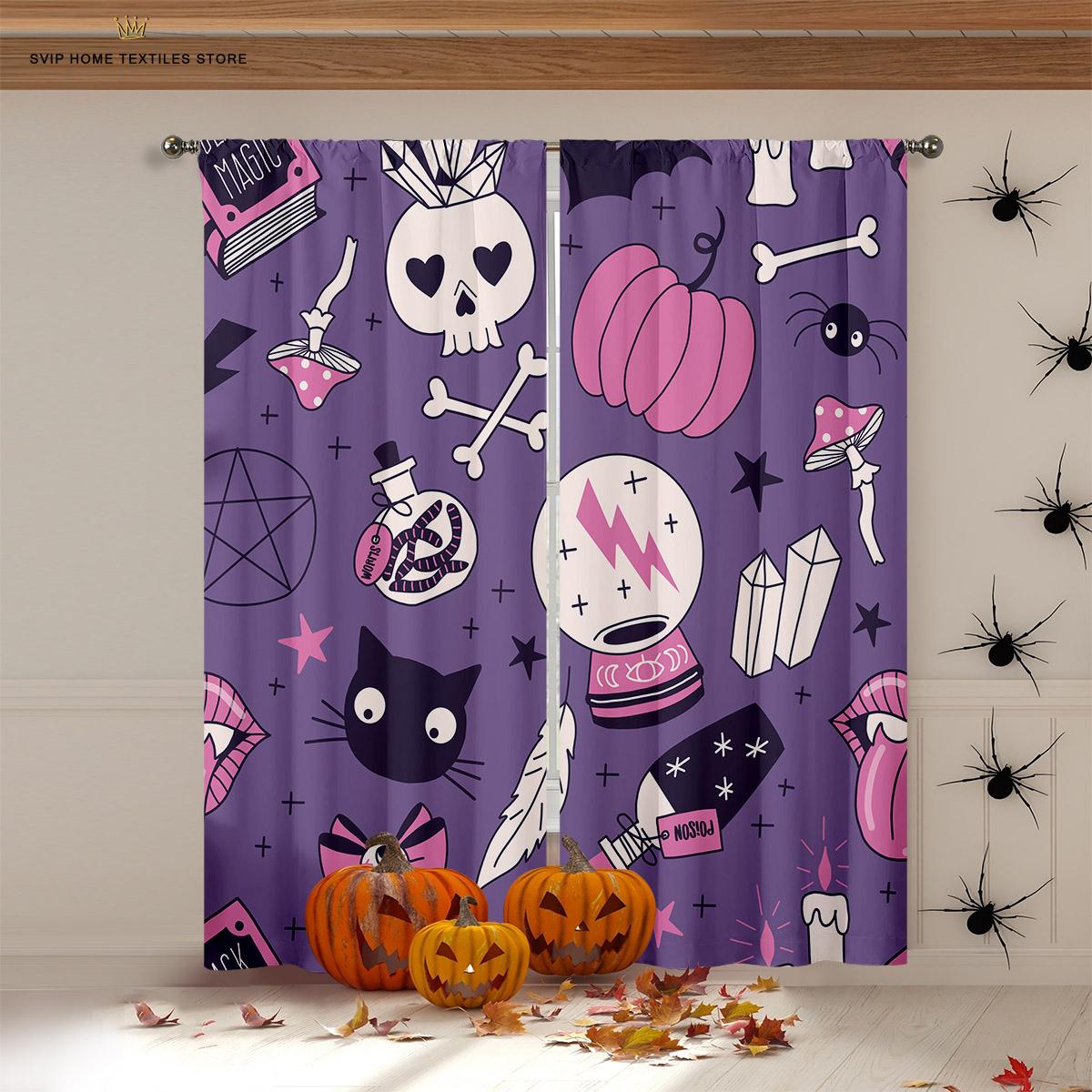 

Украшения на Хэллоуин Шторы Тыква Летучая мышь Череп Ужас Мультфильм Элемент Узор Подходит Для Украшения Вечеринки В Гостиной Спальни W50X130H(CM)X2PCS&Rod pocket