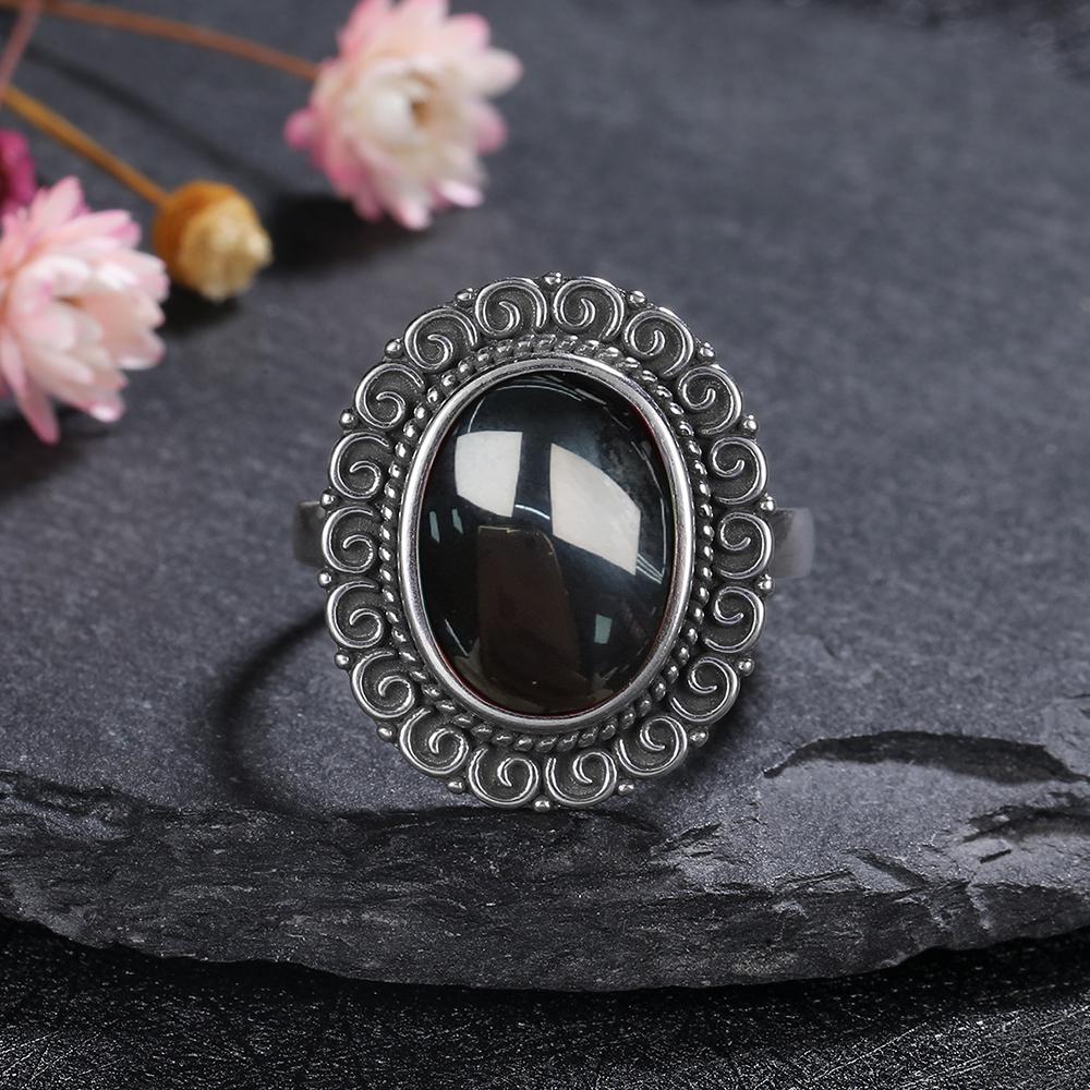 S Silver Ring for Women Oval Round Natural Black Agate Ring Gift Sun Shaped Retro Luxury Fine