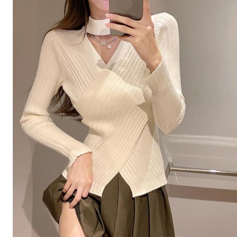 Sexy Fashion Cross V-neck Knitted Bottoming Shirt Women's Pullover Slim Fit Casual Sweater Autumn Winter Turtleneck Inner Top Solid Simple Clothing