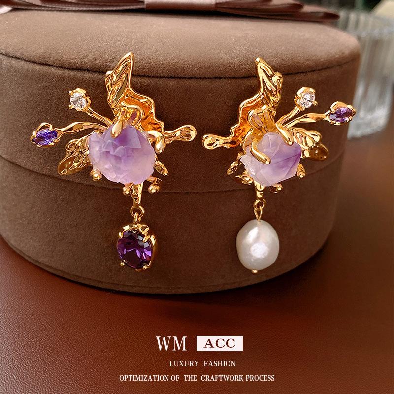 Boucles d'oreilles vintage Argent Aiguille Cœur & Fleur Pendentif Pompon