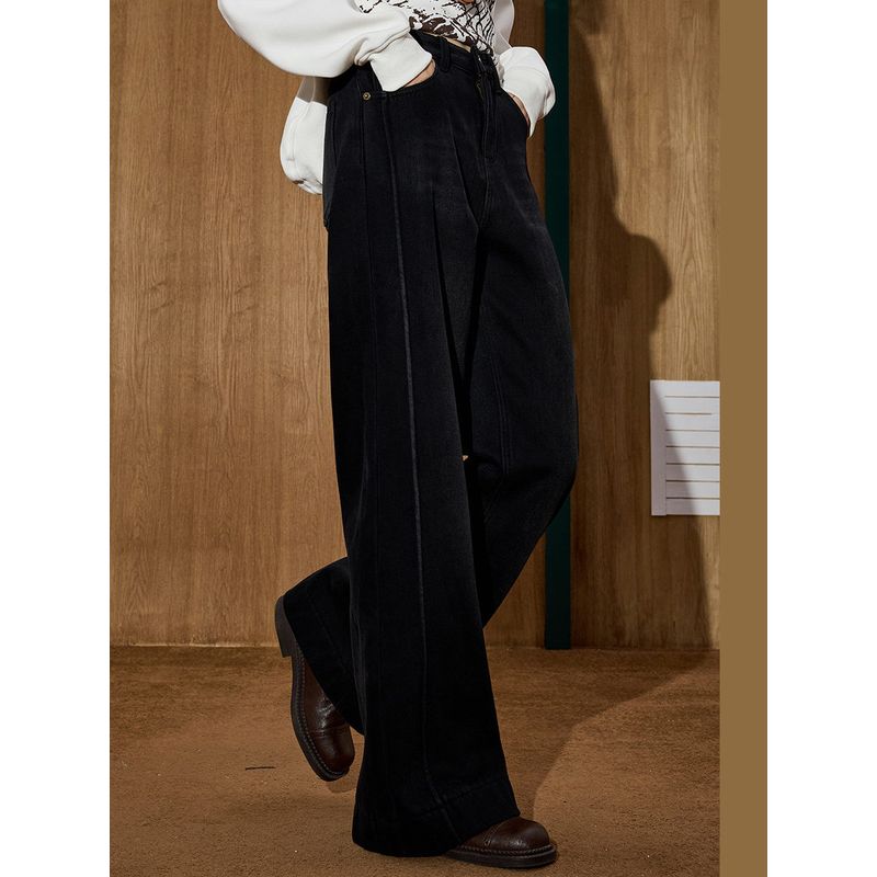 Coolhut High-Waisted Loose Slimming Straight-Leg Wide-Leg Fleece-Lined Curved Hem Floor-Length Winter Women's Jeans