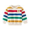 Spring and Autumn Children's Clothing Color Striped Long Sleeve Sweater, Cartoon Pattern Contrast Color Crew Neck Threaded Cuff Pullover Sweater