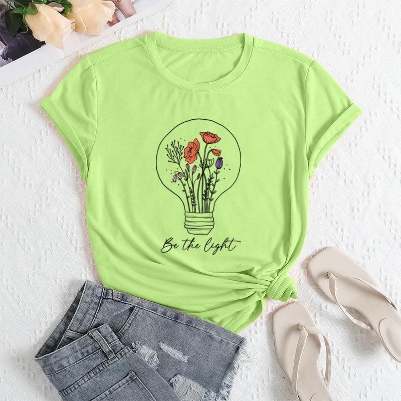 Summer Women's Fashionable Light Bulb Short Sleeved Casual Loose Cotton Round Neck Top
