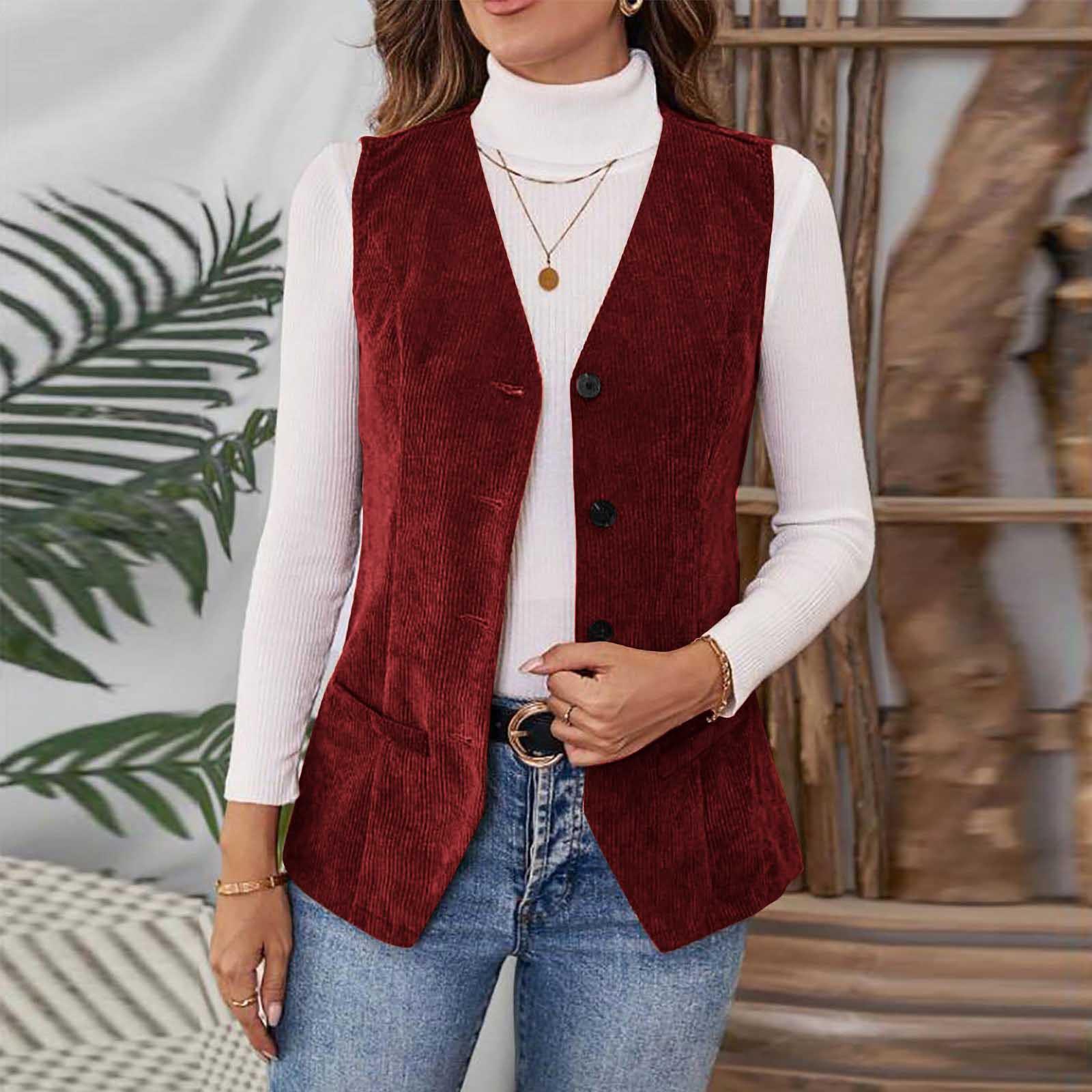 Women s Elegant Slim-fit Waist-accentuating Corduroy Vest XXL винный