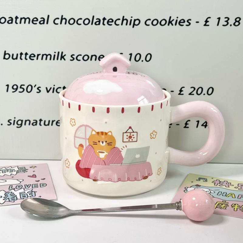 Cupa ceramică pisică drăguță de desene animate cu capac cuplu băiat și fată cană de birou cupă de băut cadou de ziua de naștere