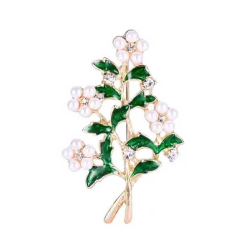 Vintage Green Leaf Brooch With Pearl And Rhinestone For Women Fashion Accessory