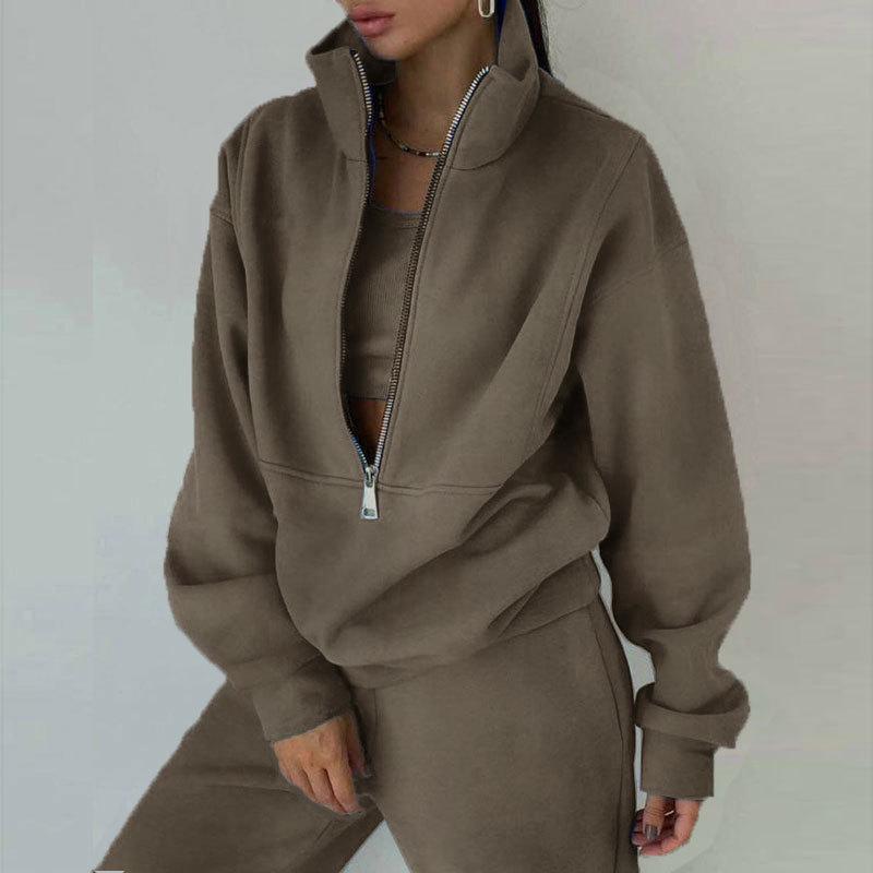 

European and American Women s Zipper Fleece Sweatshirt Set - Sporty Fashion Style 2026 Small оливковий колір