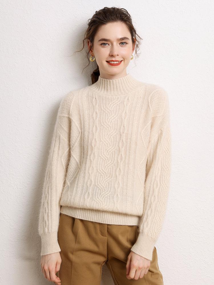 Three-Ply Solid Color Women's Cashmere Knit Base Layer - Full Body Cable Knit, Half-High Neck, Loose, Slimming Inner Wear