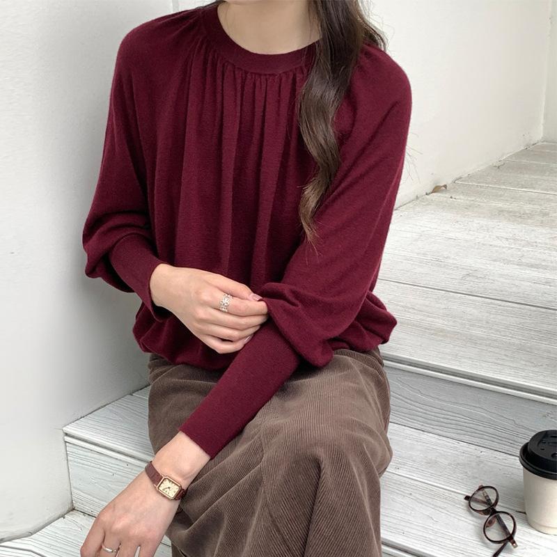 

Bat sleeve pleated 0 Quan wool crew neck top early autumn thin loose inside knitted sweater women One Size