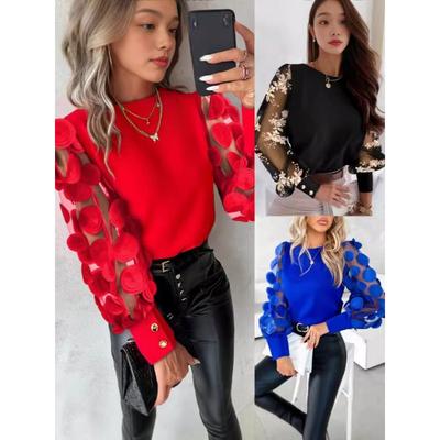 Women's Fashion Casual Spring Fall Solid Color Print Long Sleeve O-Neck Blouses & Shirts Pullovers