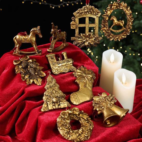 Resin Holiday Decoration Retro Golden Christmas Tree Ornament, Bell Wreath Horse Stocking Window Classic Ornaments Locomotive Pinecone Hanging Decor,