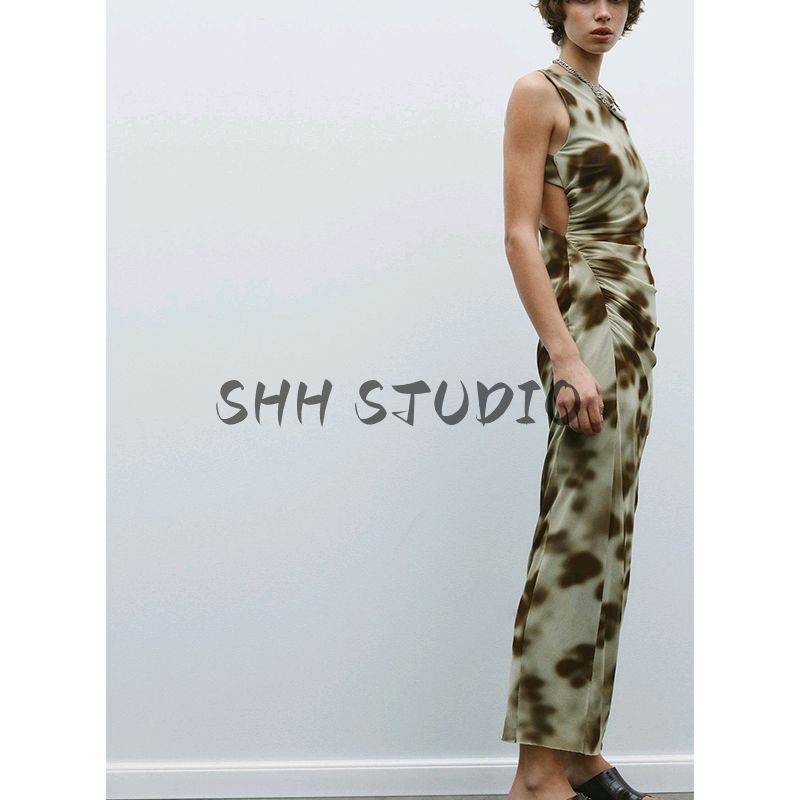 Spring New Women's Clothing Hong Kong Style Plaid Pleated Print Round Neck Sleeveless Midi Skirt Dress 2321103