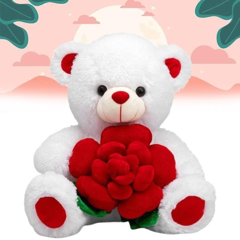 Adorable Plush Rose Bear Pp Cotton Filled White 30cm Perfect For Valentine's Day