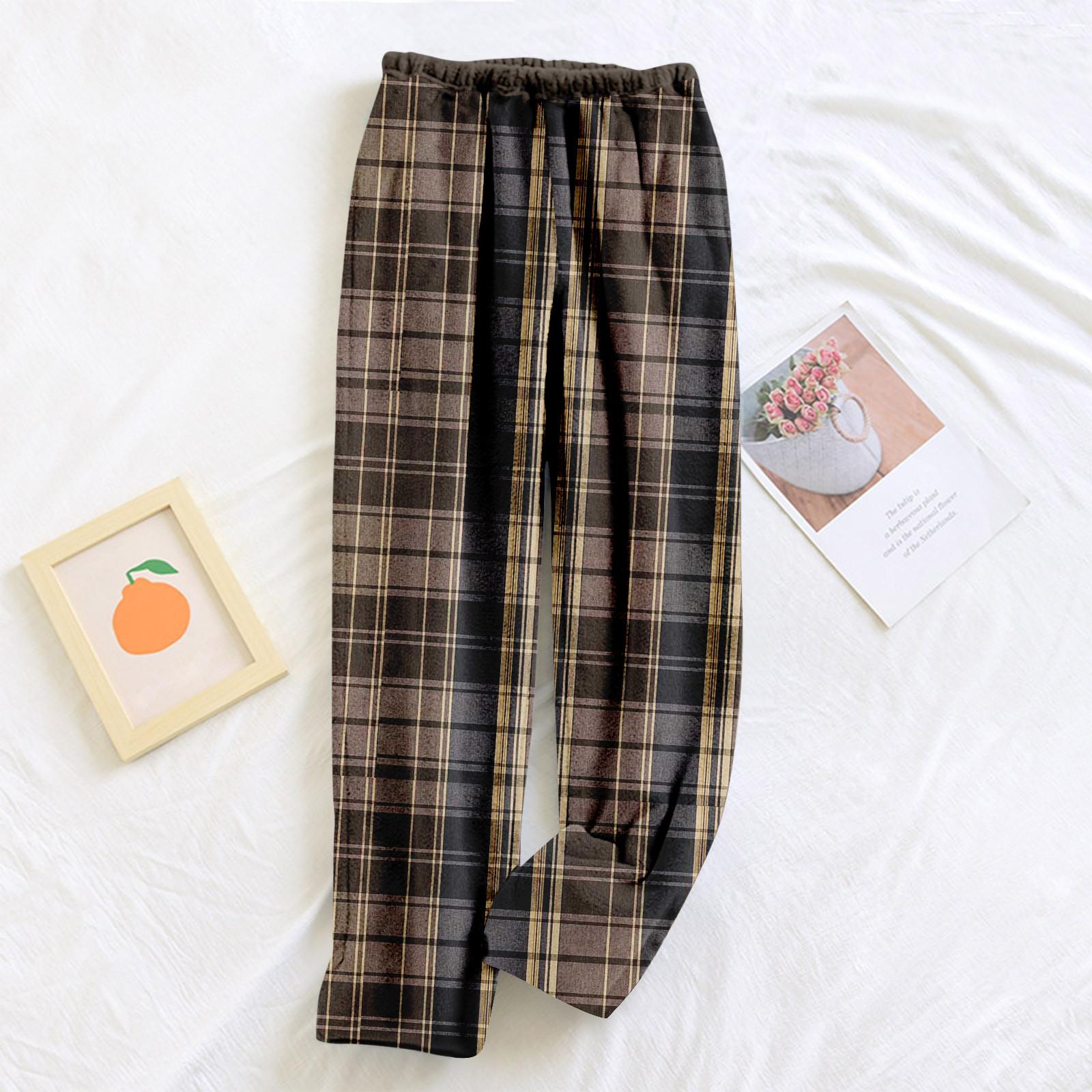 

Женские пижамные штаны, плюшевые пижамные штаны с мягкой эластичной талией, клетчатые штаны с 2 карманами L кофейный