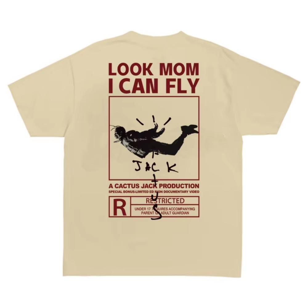 Nowość Letni T-shirt LOOK MOM I CAN FLY Zabawny Nadruk T-shirt Męski Damski Cactus Jack Swag Hip Hop Streetwear Top