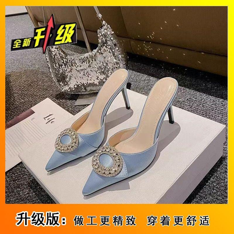 French Celebrity Rhinestone Bag Head Half Slippers 2025 Spring New Women's Wear Thin Heels High Heels Lazy Cool Slippers