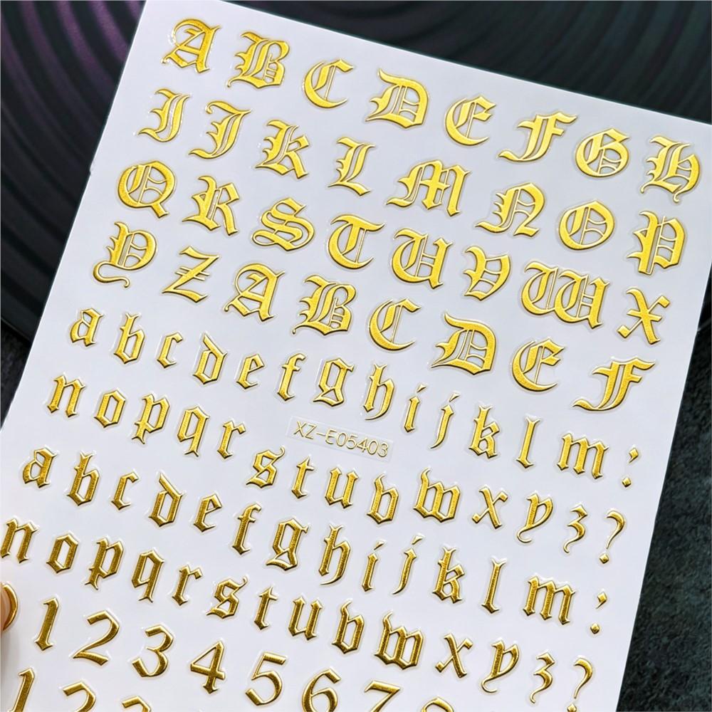 3sheets 3D Old English Letter Nail Stickers Gold/Silver/Black Retro Alphabet & Numbers Nail Decals Self-Adhesive Nail Decora E#4