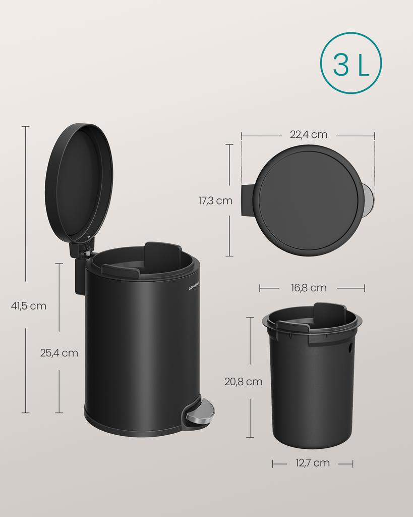SONGMICS Bathroom Pedal Bin, 0.8 Gallon (3 L) Steel Toilet Bin with Soft-Close Lid, Inner Bucket, for Waste, Bedroom, Ink Black