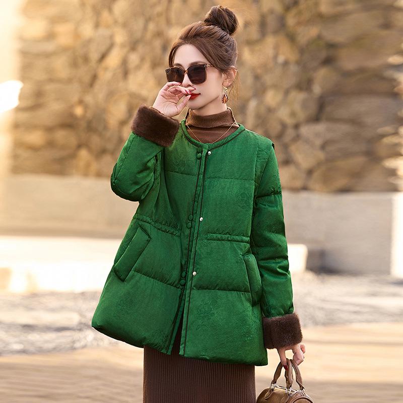 Slim-Fit Jacquard Down Jacket 2024 Winter Mid-Length Drawstring White Duck Down Fashion Outerwear