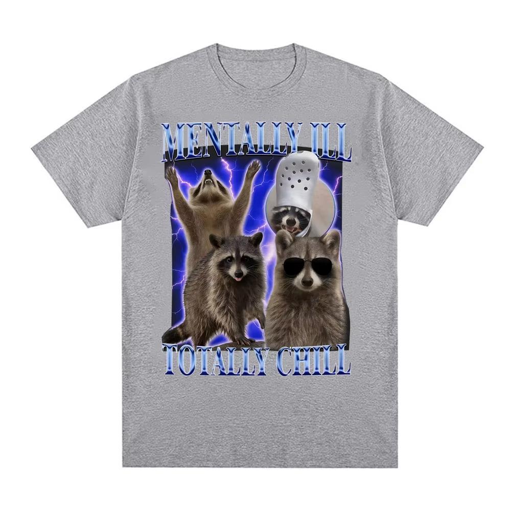 Mentally Ill Totally Chill Funny Raccoon Meme T-shirt Men Clothing Vintage Graphic T Shirt Unisex Summer Tops O-NeckTees