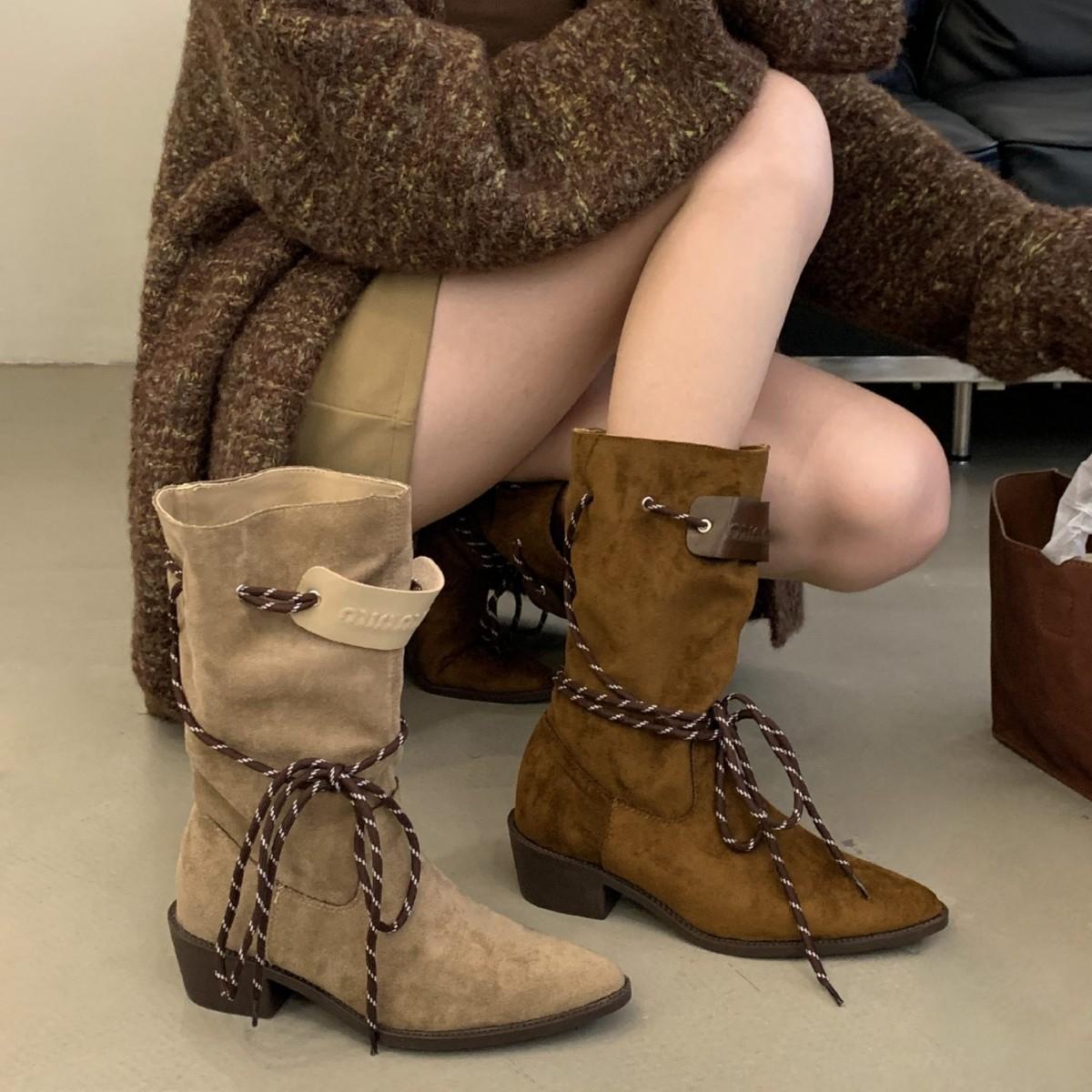 

2025 autumn and winter belt buckle thin belt suede thin western cowboy boots versatile thick heel medium riding boots 39 коричневый