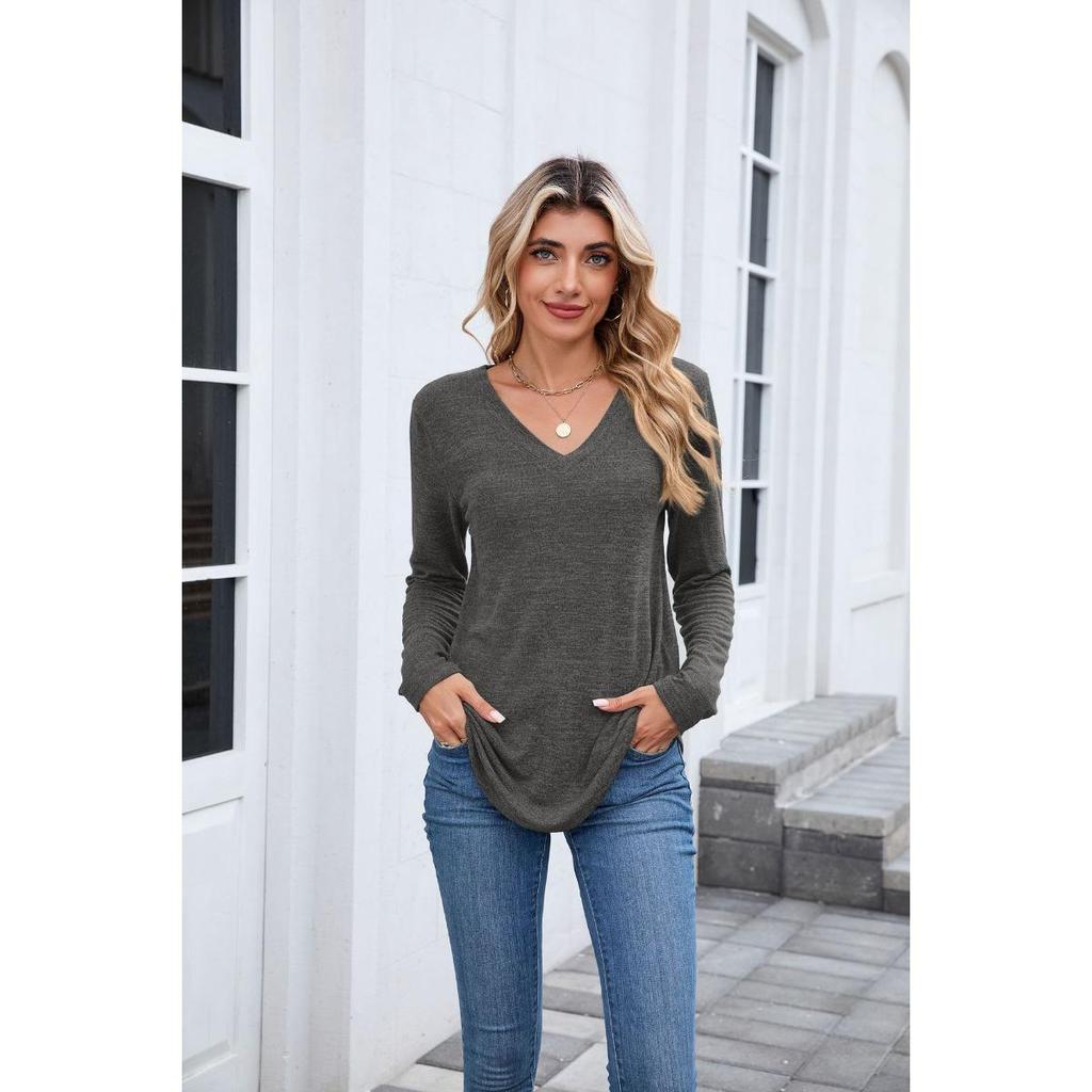 Loose V-Neck Solid Color Casual Long Sleeve T-Shirt Top for Women Ready to Ship Fall Winter