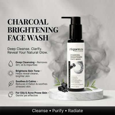 Riquenza Charcoal Brightening Face Wash for Oily & Acne Prone Skin | Deep Pore Cleansing with Niacinamide, Vitamin C & Activated Charcoal | Oil Co