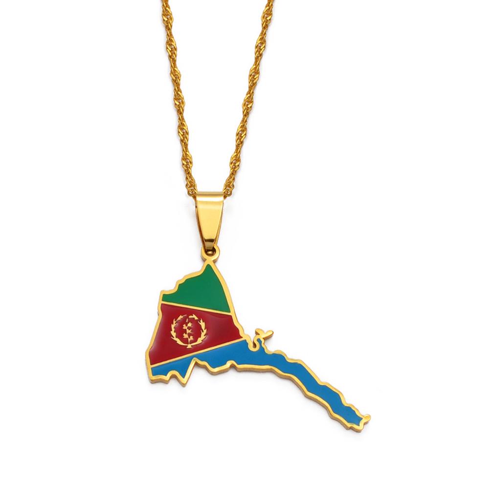 Anniyo Eritrea Map Flag Pendant Thin Necklaces for Women Girls Gold Color Jewelry African Map of Eritrean #136821 45cm or 17.7 Inches