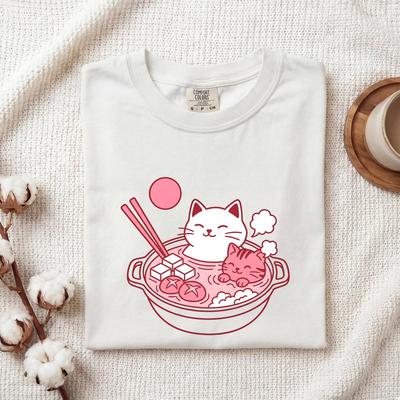Cat Soup Bowl T-Shirt: Kawaii Ramen Cuisine Graphic Tee for Women