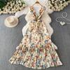 French romantic style print sexy deep V-neck bag sleeve dress women's spring and autumn kink waist and thin pleated dress