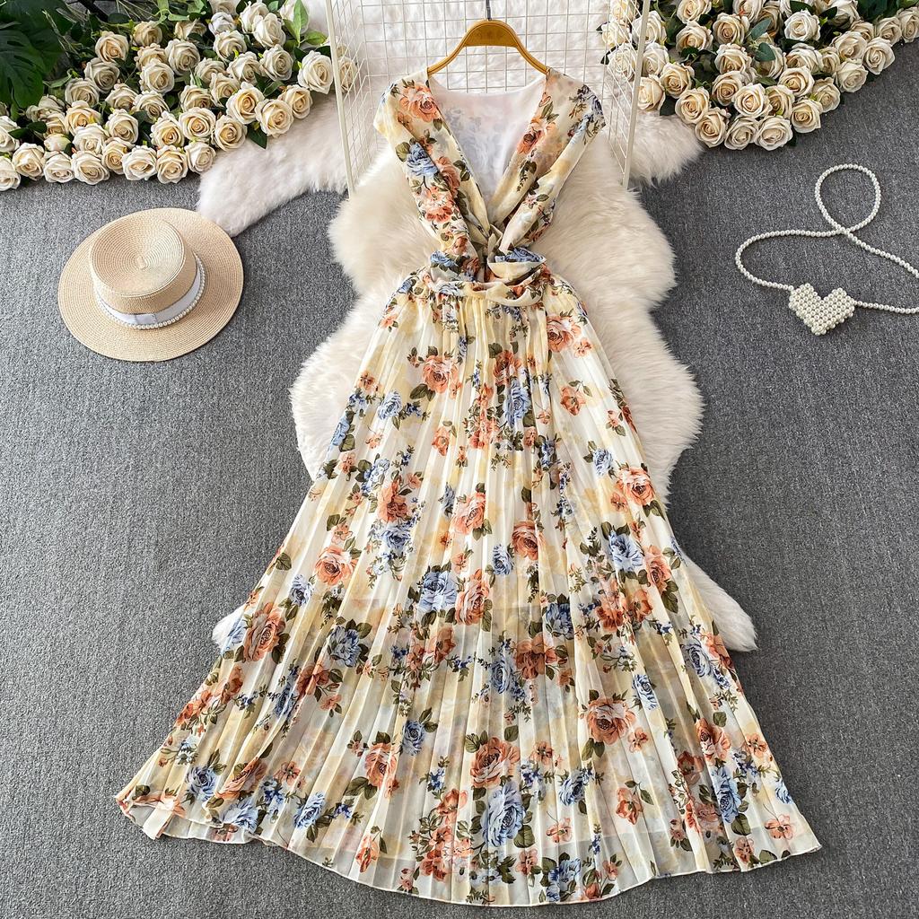 French romantic style print sexy deep V-neck bag sleeve dress women's spring and autumn kink waist and thin pleated dress
