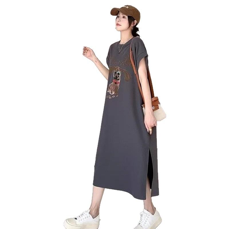 Cartoon Dog Print Short-sleeved Loose-fitting Slimming and Lazy Style Slit Female Dress