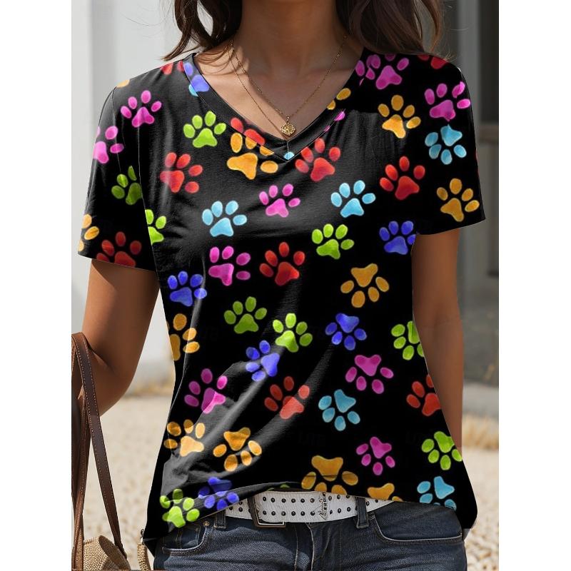 2025 New Summer Women's Cat Paw Color Print T-shirt V-neck Short Sleeve Street Casual Daily Basic Tops