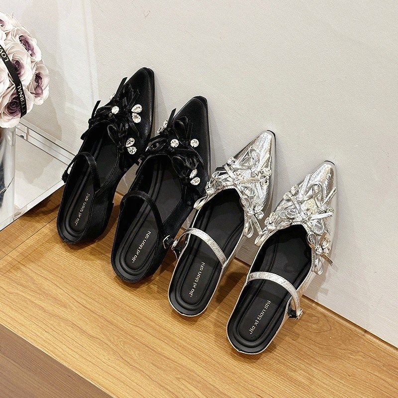 2025 early spring new French heightening pointed bag slippers women's shoes summer 2025 new bow rhinestones
