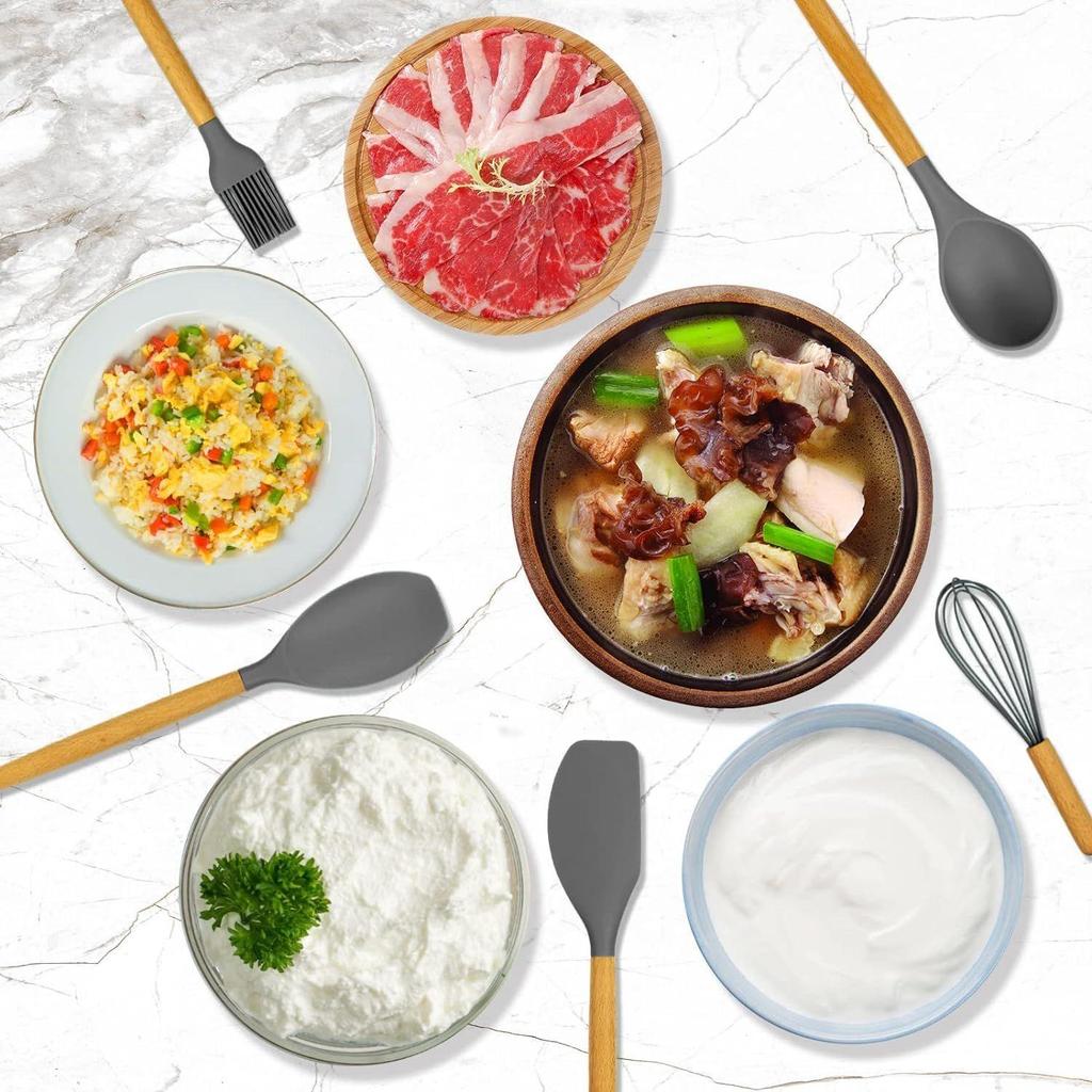 Cooking Utensils Kitchen Utensil Set, 12 PCS Wooden Handle Nontoxic BPA Free Silicone Spoon Spatula Turner Tongs Kitchen Gadgets Utensil Set