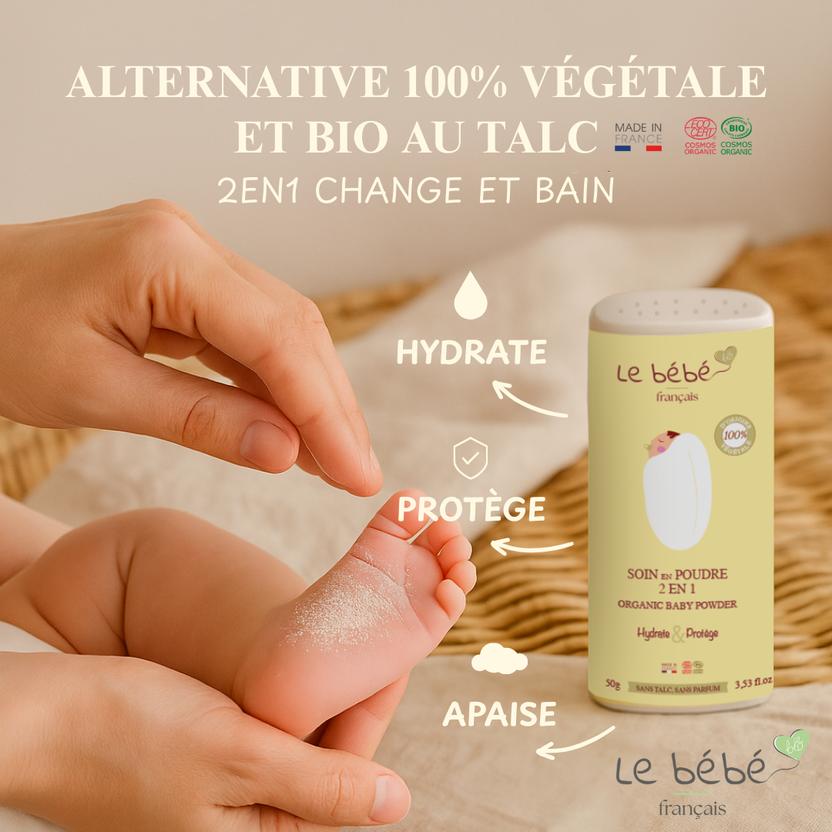 Lot de 2 SOINS EN POUDRE 2 EN 1 apaise, soulage les peaux fragiles 100% bio & végétal poudrier 2x50g
