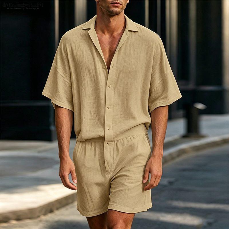 INCERUN Mens Casual Lapel Neck Short Sleeve Button Romper Jumpsuit