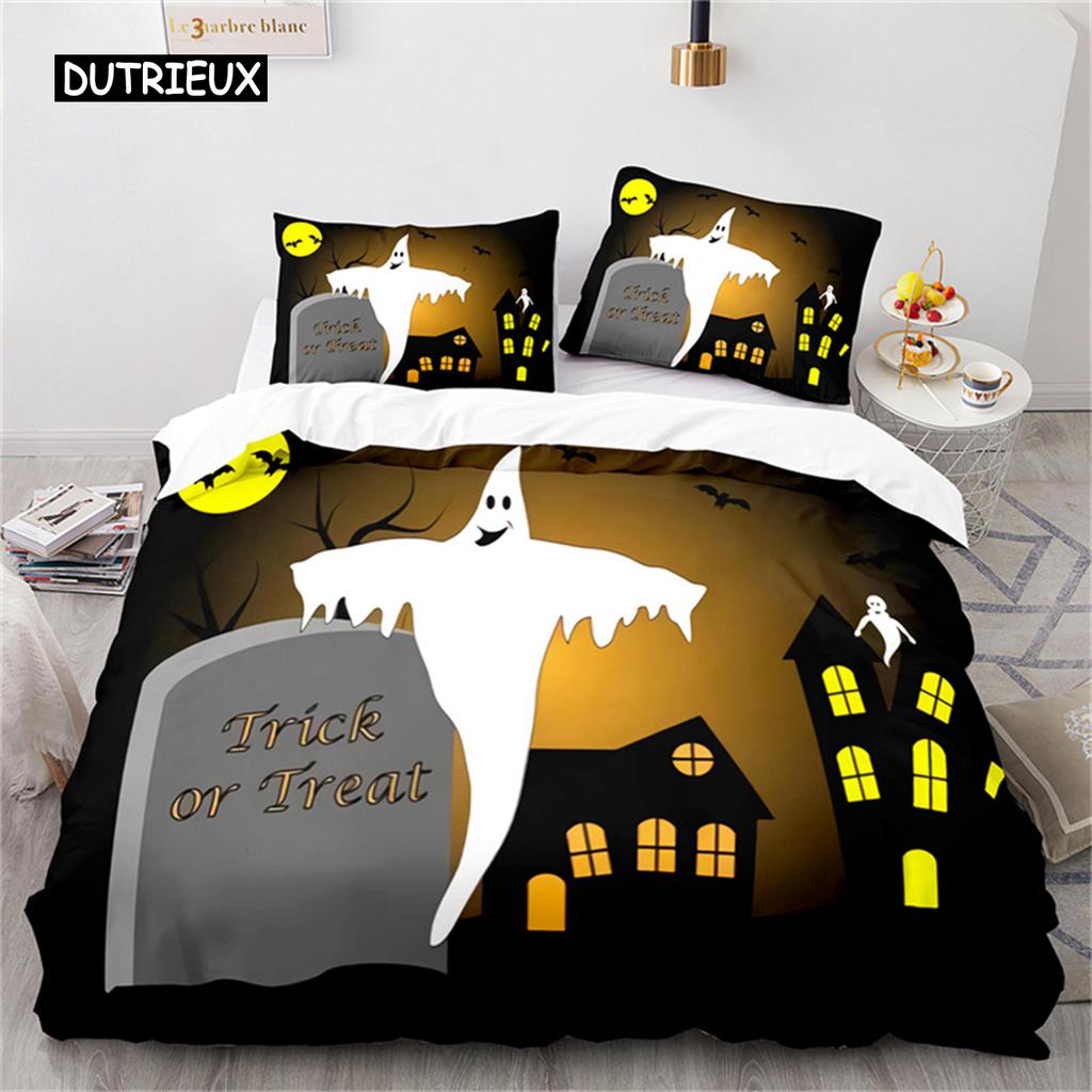 Duvet Cover Halloween Bedding Set Pumpkin Polyester Cartoon Horror Festival Bat Comforter Cover Twin for Kid Adult Gift Bedroom