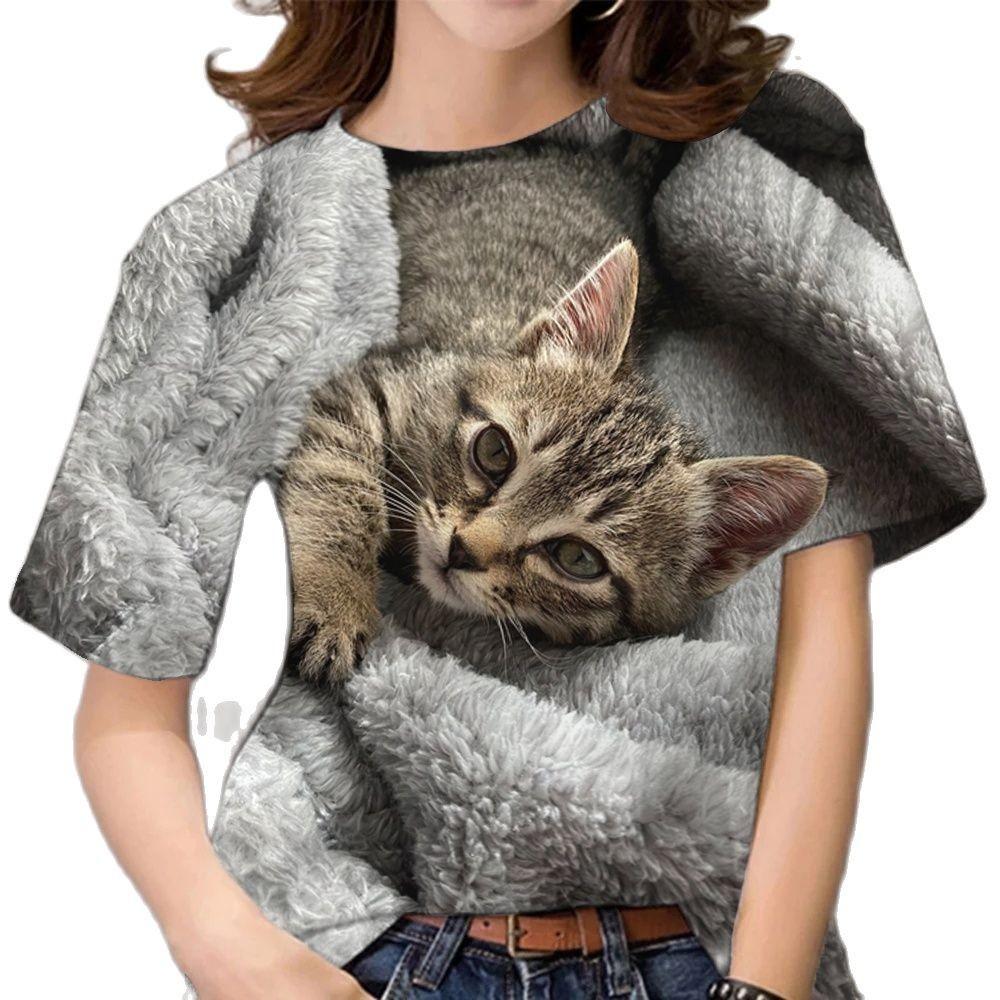 Summer Women's T-shirt - Cute 3D Cat Printed Short Sleeve