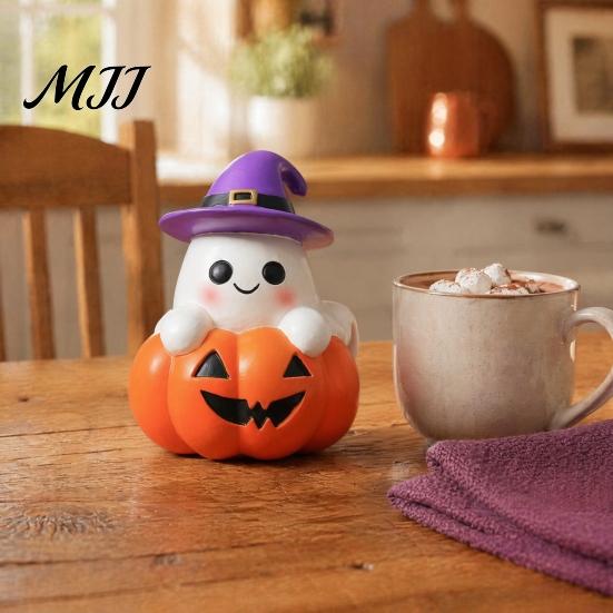 Ghost Ornament for Garden Halloween Figurine, Cute Spooky on Pumpkin Decoration, Resin Small Figurine Tabletop with Witch Hat Desk Bookshelf