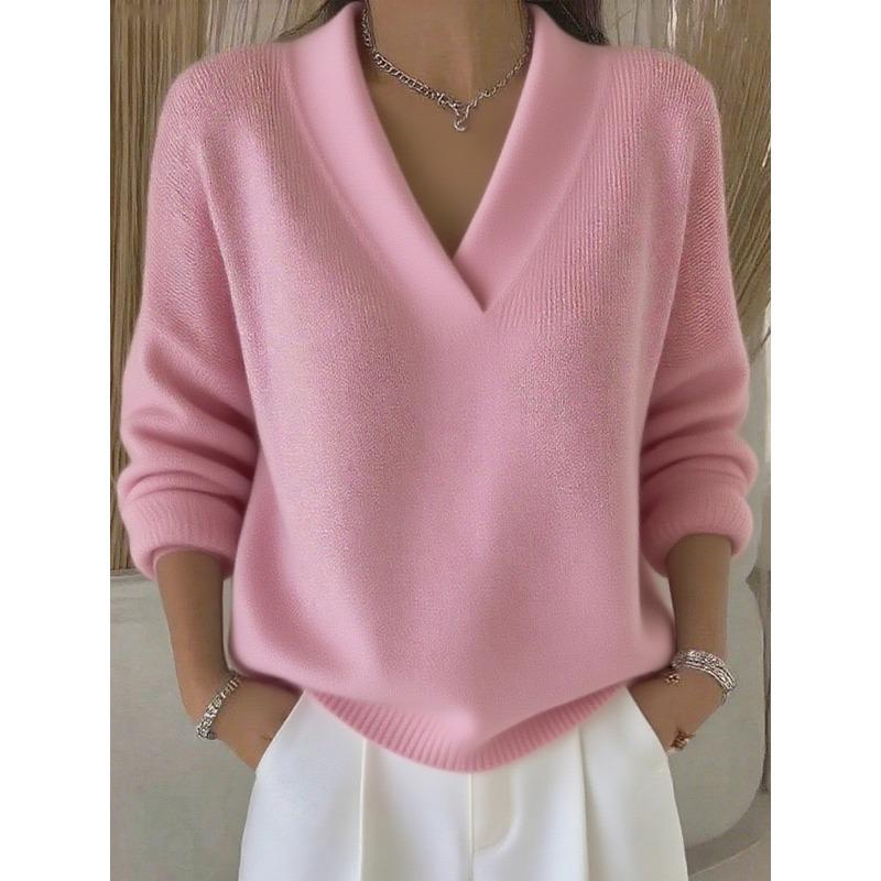 Damen S V-Ausschnitt Unifarben Locker Gestrickter Pullover Herbst Basisschicht