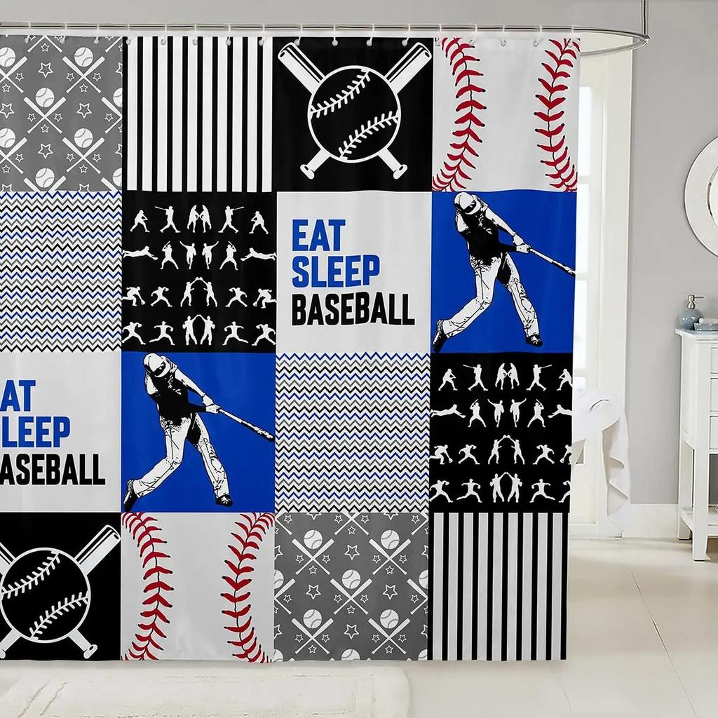 Baseball Shower Curtain Baseball Glove Sports Theme Polyester Fabric Bathtub Screen Home Decor Bathroom Curtains Set with Hooks