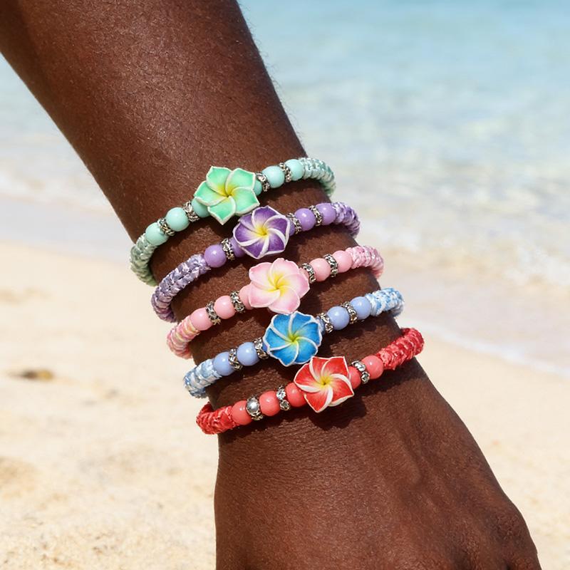5pcs Hawaiian Plumeria Flower Beaded Bracelets Luau Summer Beach Party Gift Aloha Tropical Birthday Decoration Bohemian Wedding