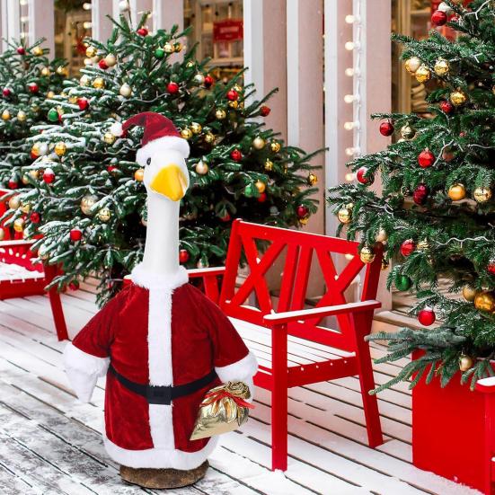 Santa Claus Goose Outfit Christmas Porch Goose Costume Festive Clothes And Hat for 23" High Cement or Plastic Goose Lawn Patio Garden Decor