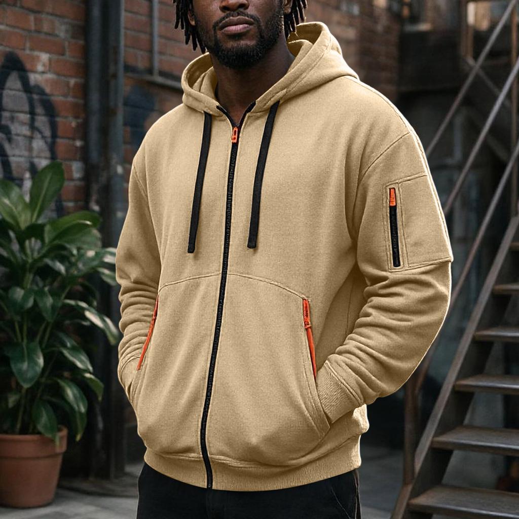 Men's Zip-Up Hooded Jacket with Multiple Pockets Athletic Casual Top for Daily Wear