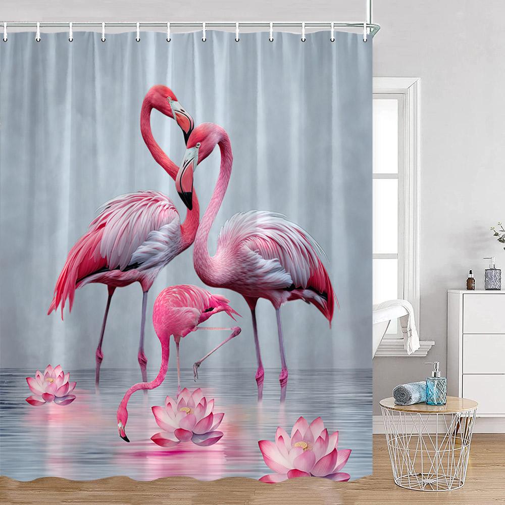 Flamingos Shower Curtains Tropical Leaves Pink Birds Green Plants Bathroom Curtain Polyester Fabric Home Decorations with Hooks