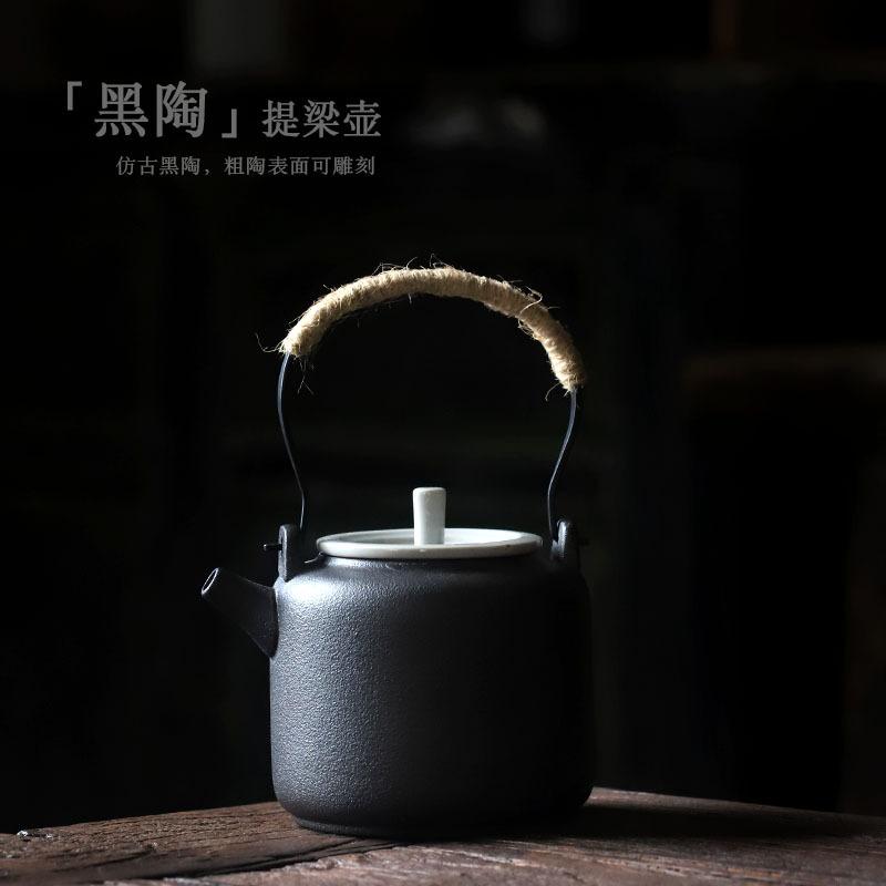 Chinese-style ceramic teapot, small lifting kettle, black pottery Kung Fu tea set, coarse pottery household teapot